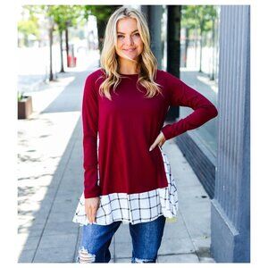 NWT Beeson River Women's Burgundy Long Sleeve Pocketed Tunic w/ Plaid Ruffle Hem